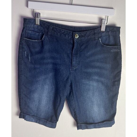 Juicy Couture Dark Wash Distressed Cuff Stretch Lightweight Bermuda Short Sz 10 - Picture 1 of 8